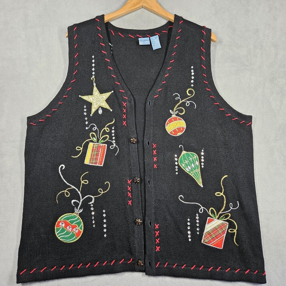 VTG Christmas Sweater Vest Womens 2X Holiday Editions Sequins Presents Ornaments